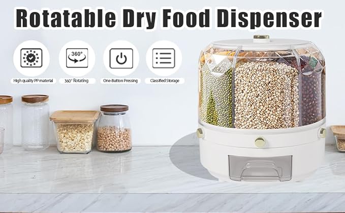 Rice Dispenser 6 Grids Dry Food Storage Containers 360° Rotating Cereal Dispenser for Kitchen Pantry Organization, Storage Bucket for Small Grains, Beans, Rice (6 Grids - A02)