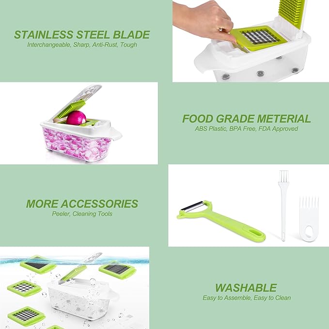 Food Dicer Chopper 5 Blades, Onion Dicer Chopper, Fruit and Veggie and Vegetables Chopper, Food Prep, Light Green