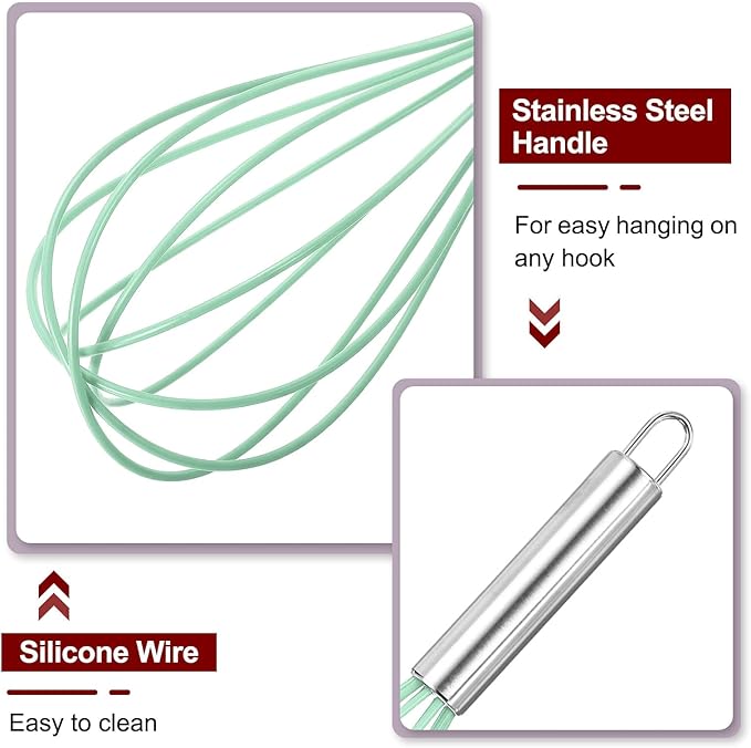 HARFINGTON 5Pcs Silicone Whisk 10" Kitchen Whisk Wire Whisks Beater with Stainless Steel Handle for Egg Milk Whisking Blending Beating & Stirring, Green