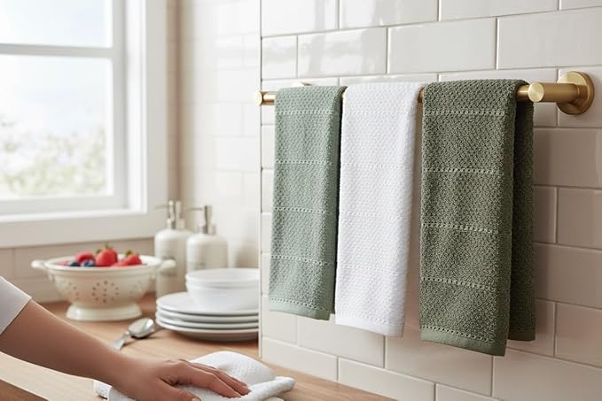 Sage White Dark Green Kitchen Hand Dish Towels: Oversized 28" x 18",100% Cotton Cloth Soft Cleaning Drying Absorbent Textured Design, Set of 3 Multipurpose for Everyday Use (Natural Collection)