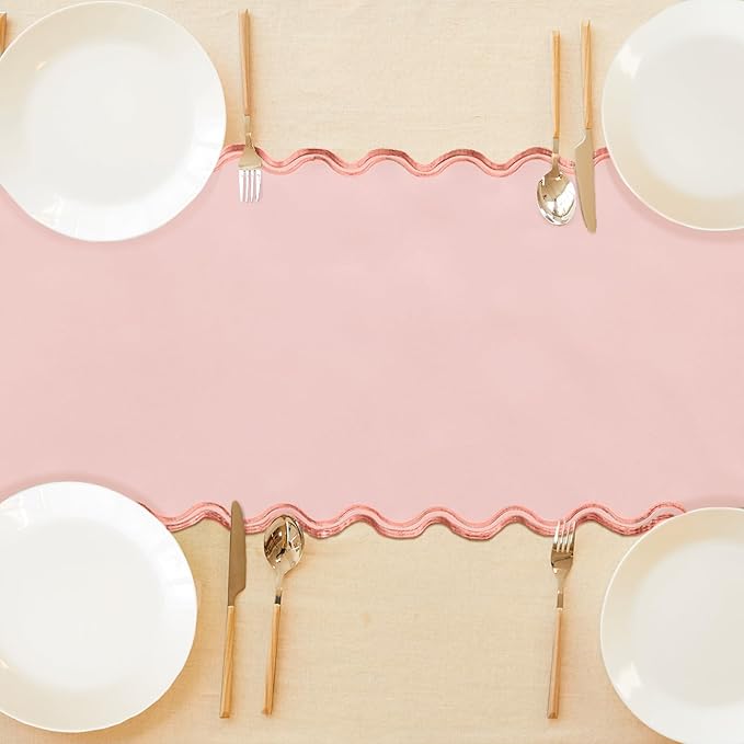Scalloped Edge Table Runner 70 Inches Preppy Embroidery Edge Table Runner Cute Neutral Rustic Dining Decor for Kitchen(Blush Pink, Peach)