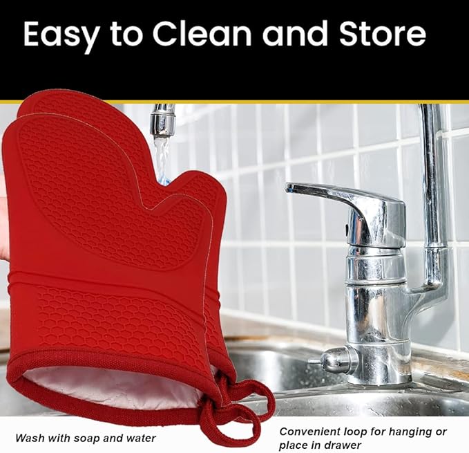 Oven Mitts Heat Resistant Silicone, Kitchen Gloves & Pot Holders, Cotton Lining, Non-Slip, Flexible, Durable, Easy Clean, Cooking, Baking, Grilling, Double Sided (Pair of 2 Oven Mitts) Red