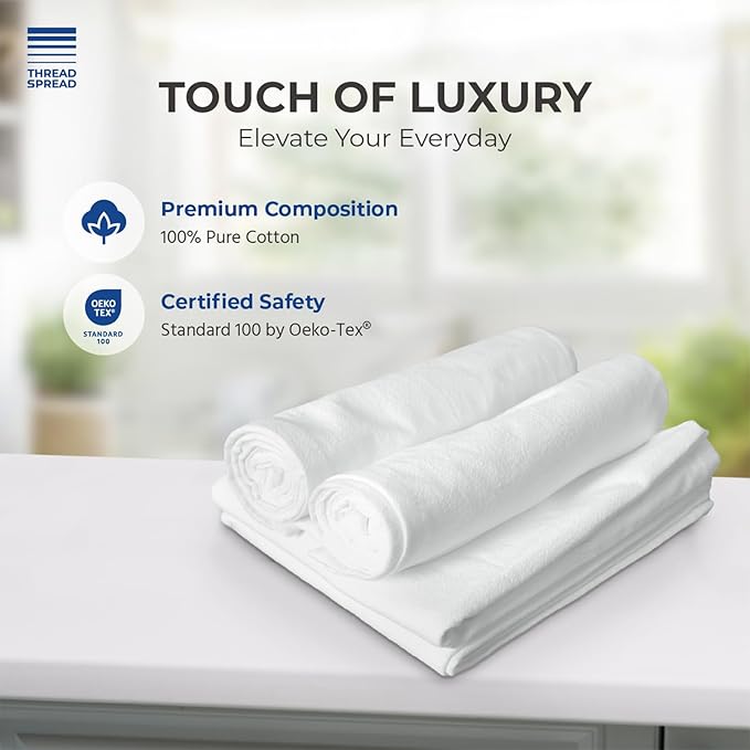 THREAD SPREAD 100% Cotton Dish Cloths - Flour Sack Kitchen Towels - Cotton Blank Towel - Thick Absorbent Quick Dry, Machine Washable - Cleaning & Drying - 28"x28" - Pack of 12, White