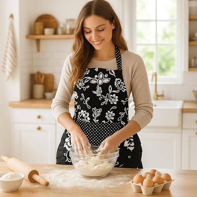 G2PLUS Vintage Floral Kitchen Apron for Women, Black Pleated Hem Cooking Apron with Pocket, Retro Cotton Apron for Kitchen and Home Use (29 x 21 inch)