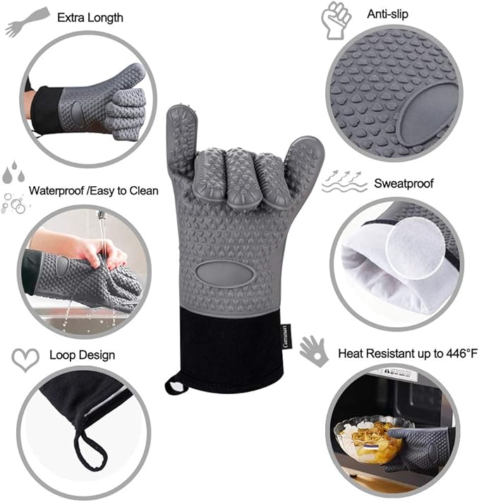 Comsmart BBQ Gloves, Heat Resistant Silicone Grilling Gloves, Long Waterproof BBQ Kitchen Oven Mitts with Inner Cotton Layer for Barbecue, Cooking, Baking, Smoker-Grey