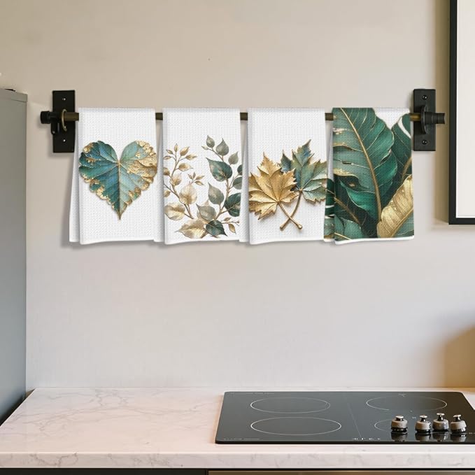 4 Pcs Tropical Palm Leaves Kitchen Towels, Beach Tea Hand Towel, Monstera Leaves Dish Cloths for Drying Dishes, Waffle Dish Towels for Kitchen Bathroom Home Decor, Housewarming Gifts for Women Mom