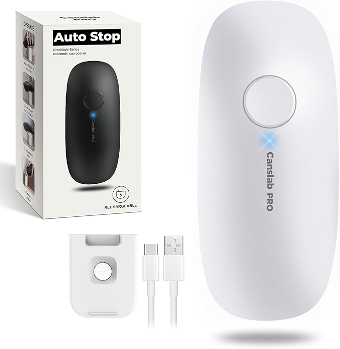 Canslab Ultrablade PRO Auto Stop Can Opener - Rechargeable Electric Can Opener for Kitchen for Seniors with Arthritis - One Touch Side Cut Opener, Smooth Edge, Handfree, Wall Mounted Small Size, White