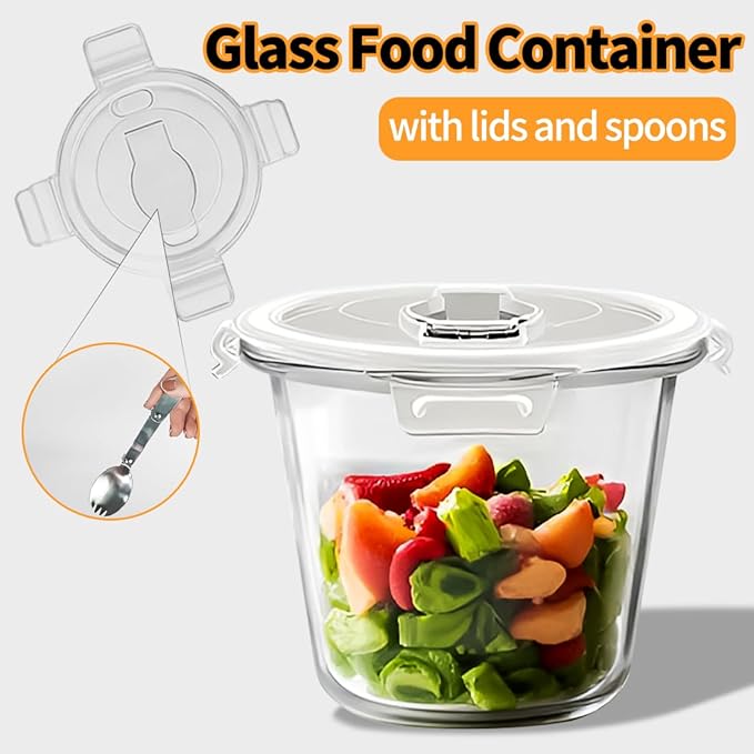 H.JSS WDJS 24oz Round Glass Soup Containers with Lids and Spoons, 3Cup Glass Food Storage Containers Set, BPA-Free Meal Prep Bowls with Lids for Leftover, Microwave, Dishwasher, Fridge Safe (4-Pack)