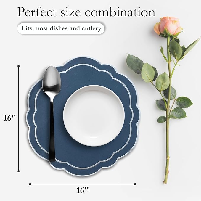 Round Placemats Set of 4, Cotton Linen- Double Layered, Luxury Scalloped Embroidered Cloth Table mats, 16 inch, Washable Fabric Dining Placemat (Blue)