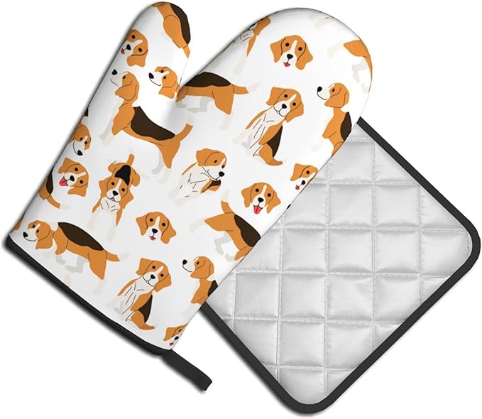 Cute Dogs Oven Mitts and Pot Holders Beagle Heat Resistant Oven Mitts Safe for Baking Cooking BBQ