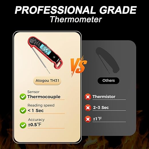 Atogou Meat Thermometer, Professional Food Thermometer, <1 Sec Instant Read, ±0.5℉ Accuracy, Thermocouple Sensor, Waterproof Digital Thermometer for Cooking, BBQ, Grill, Him Dad Birthday Gifts, Red