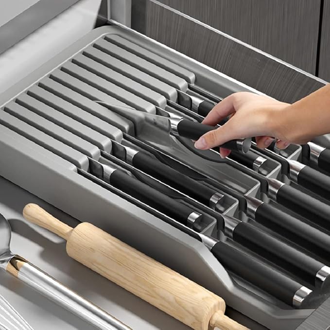 RIIPOO Expandable Knife Organizer for Drawer - Retractable and Adjustable Knife Block Holder Insert, Secure Storage Tray for Kitchen Countertop Organization