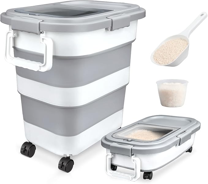 Komzon Rice Storage Container, Collapsible Airtight 10-40 Lb Rice Storage Container, 25lb Pet Dog Food Storage Container, Rice Dispenser Bin with Cup and Scoop for Flour Cereal Pasta Grain, Cat Bird