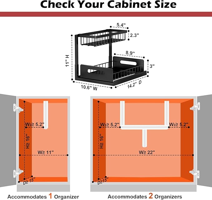 REALINN Under Sink Organizer, L-Shaped 2 Tier Pull Out Cabinet Organizer for Kitchen and Bathroom, Slide Out Under Cabinet Storage, Metal Under Sink Storage with Sliding Drawer, 50 lbs, Black 2 Pack