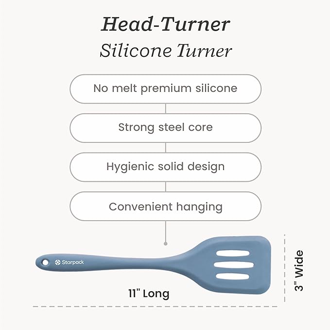 Starpack 'Head Turner' Premium Silicone Turner Spatula, Slotted Spatula - Up-to 600°F High Heat Resistant Silicone Slotted Spatulas for Cooking, LFGB Grade Non Stick Rubber Turner Spatula - 10"