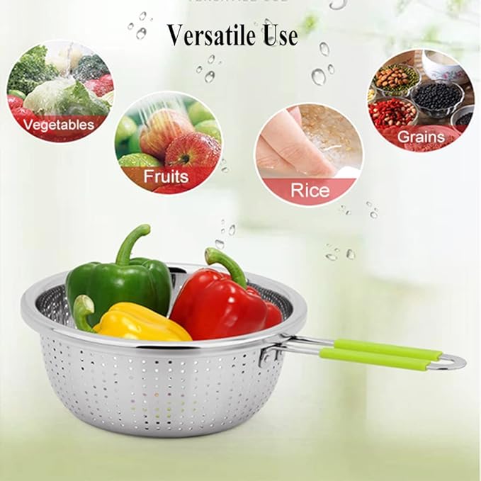 Stainless Steel Perforated Colander Strainer with Long Green Handle Sieve Sifters Use for Kitchen Food Pasta Noodles Spaghetti Vegetables Silver - 7.9inch