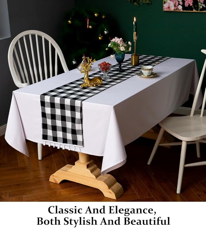 DUOBAO Buffalo Plaid Table Runner with Tassels 14x72-Inch Checked Linen Cotton Picnic Tables Overlay Rectangle Tablecloths Farmhouse Decor Gingham Runners Black and White