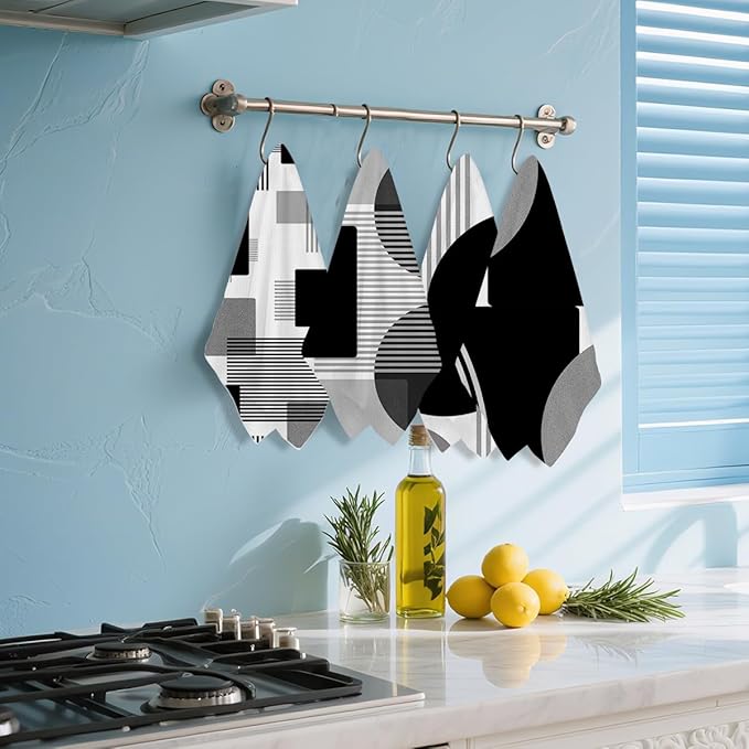 4 Pcs Abstract Black and White Kitchen Towels, Abstract Decor Tea Hand Towel, Microfiber Dish Cloths for Drying Dishes, Waffle Dish Towels for Kitchen Bathroom, Housewarming Gifts for Women