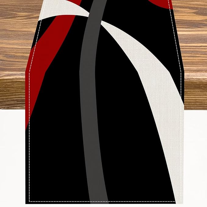 Abstract Geometric Table Runner Red Grey and White Striped Black Background Modern Kitchen Dinner Runner for Indoor Home Living Room Party Dining Table Decoration 13"x36"