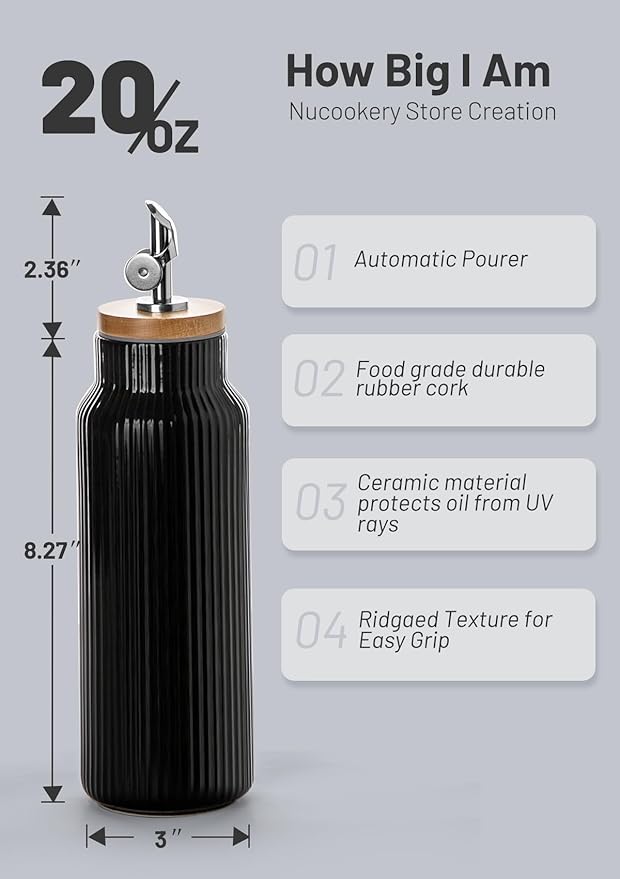 Nucookery 20oz Ceramic Olive Oil Dispenser Bottle for Kitchen spray, Large Capacity Cooking Oil Container for Storage Vinegar, Soy Sauce, Coffee Syrup, Liquids, Black