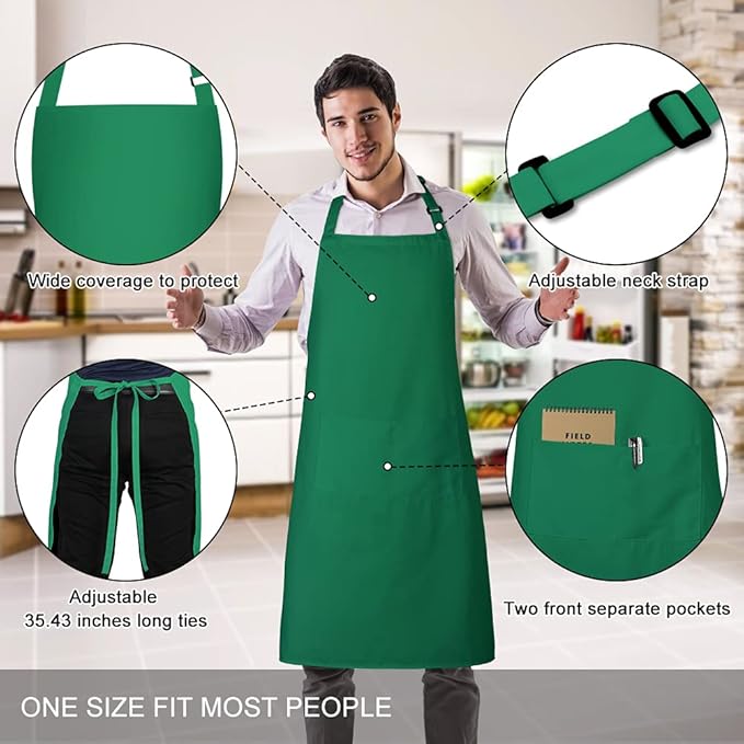 Jubatus 2 Pack 100% Cotton Aprons with 2 Pockets Cooking Chef Kitchen Adjustable Bib Apron for Women Men, Green