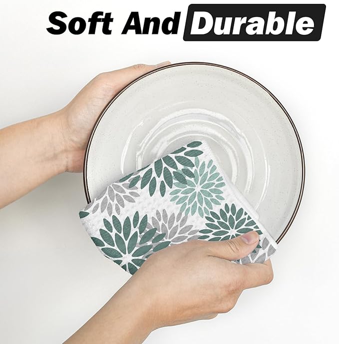 Artoid Mode Green Dahlia Floral Kitchen Towels Dish Towels, 18x26 Inch Quick Dry Microfiber Cloth Hand Towels for Kitchen Drying Set of 2