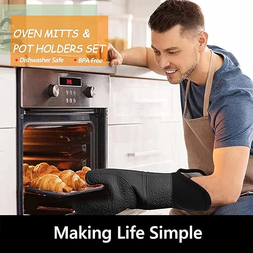 Silicone Oven Mitts and Pot Holders Sets, MTZRFLL Extra Long Heat Resistant Oven Gloves with Hot Pads and Mini Oven Mits Set for Kitchen Cooking Baking, Soft Quilted Lining, Pack of 6 (Gray)