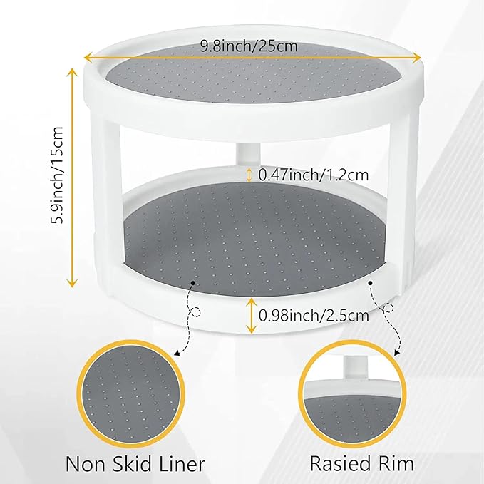 Lazy Susan Organizer, 2 Tier Non Skid Spice Rack Turntable,360 Degree Rotating Seasoning Organizer, 10-Inch Spinning Organizer for Pantry Cabinet, Kitchen, Countertop, Vanity Display Stand