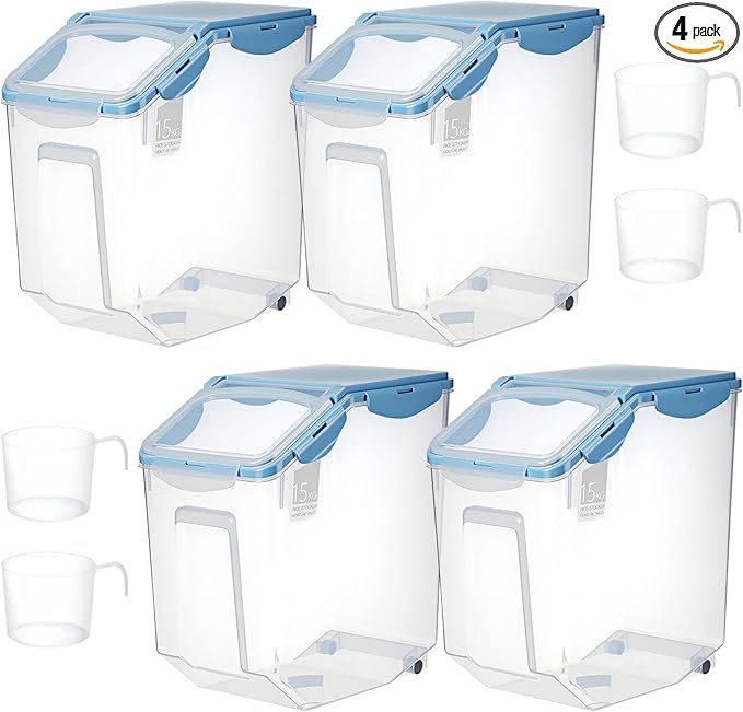 Umigy 4 Pack Rice Storage Container With Wheels Plastic Airtight Lid Flour Container Bin for Dog Pet Cereal Grain Dry Food, 15 Liter / 30 lbs (Blue)