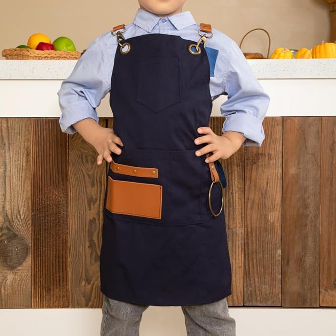 NEOVIVA Heavy Duty Work Apron for Kid Boys with Pockets and Adjustable Cross-back Straps
