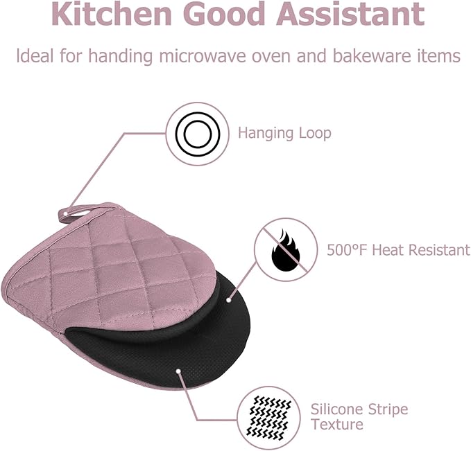 Short Oven Mitts, Heat Resistant 500°F, Silicone Grip Kitchen Gloves, Non-Slip for Baking, Grilling, BBQ, Machine Washable with Hanging Loop, 2-Pack Set, Light Pink