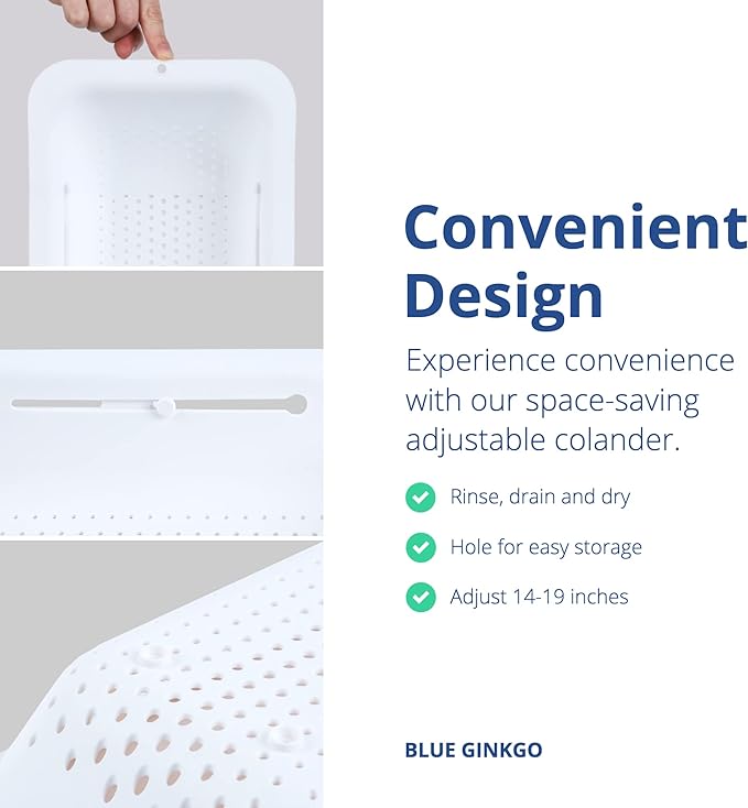 BLUE GINKGO Over the Sink Colander Strainer Basket - Wash Vegetables and Fruits, Drain Cooked Pasta and Dry Dishes - Extendable - New Home Kitchen Essentials (White, 2 Pack)