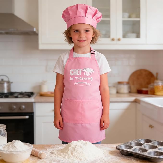 Kids Apron and Chef Hat Set Adjustable Child Aprons with 2 Large Pockets for Girls Boys Cooking Baking Painting Gift