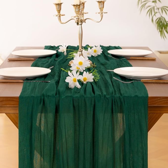Socomi 10pcs Emerald Green Cheesecloth Table Runner Valentine's Day Boho Rustic Gauze 120 inch 10FT Cheese Cloth Runner for Wedding Party Baby Shower Birthday Home Decor Holiday Decorations