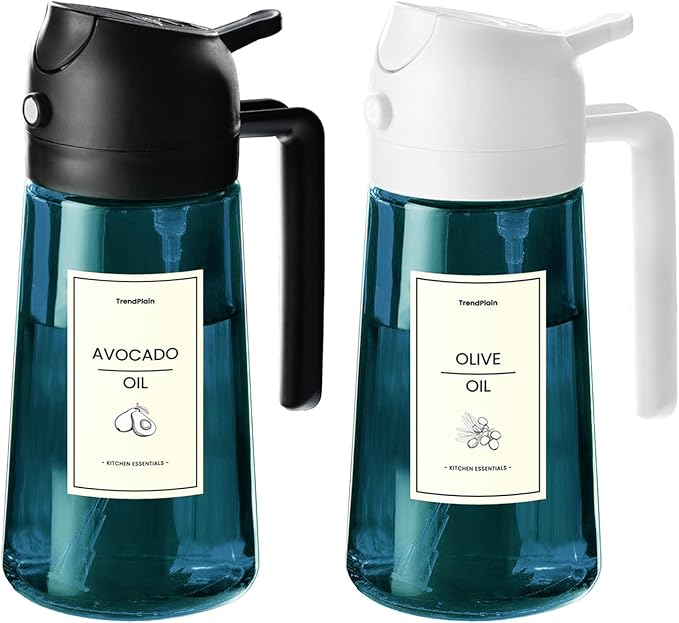 TrendPlain 16oz/470ml Blue Glass Olive Oil Sprayer for Cooking - 2 in 1 Olive Oil Dispenser for Kitchen Gadgets, Air Fryer, Salad, and BBQ - Black & White