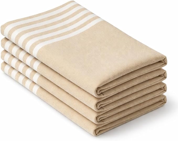 Cloth Napkins 18x18 Inches - Striped Design, 100% Cotton, Reusable & Durable Fabric Napkins for Dining, Everyday Meals, Events, Parties - Machine Washable, Set of 4, Beige