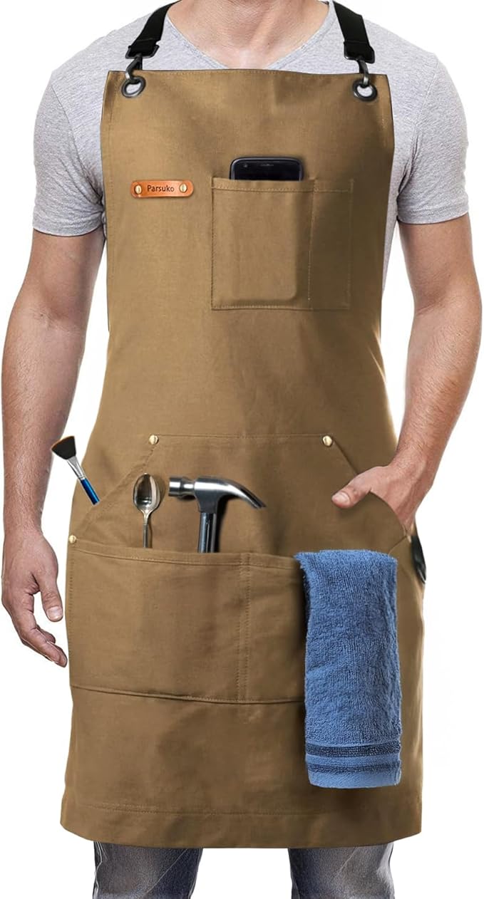 Professional Work Chef Apron for Men Women, Duty Water-Resistant Cotton Canvas, Durable Adjustable, Cooking BBQ