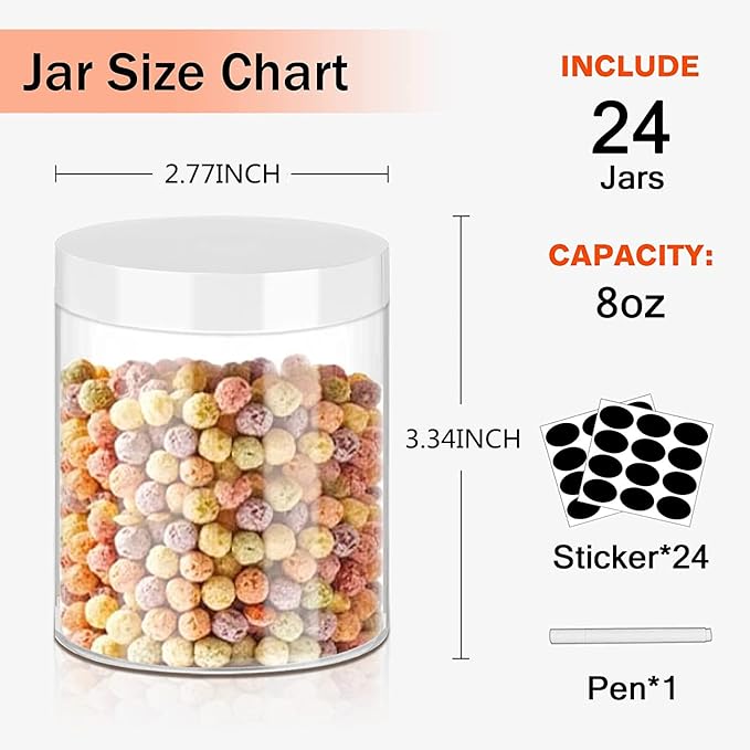 SLifeJars Plastic Jars 8oz Clear Plastic Slime Jars 24Pcs Empty Round Food Jar with White Lids Stackable Refillable Travel Jar Slime Containers for Slime Making Kitchen and House Storage