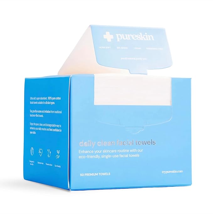 pureskin Daily Clean Facial Towels, 100% Biodegradable Pure Cotton, Premium Disposable Face Towels, Clinician Recommended, Ultra Soft, Suitable for All Skin Types, 50 count