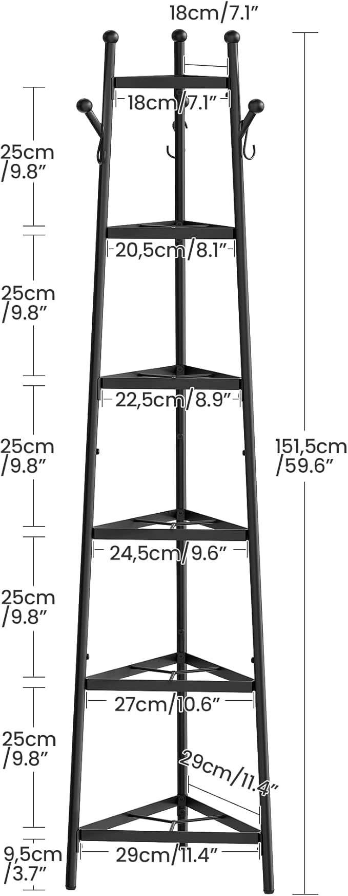 CHOEZON Pot Racks, 6-Tier Cookware Stand, Triangle Shelf Storage Tower for Kitchen, Pans Pots Storage Rack, Metal Wire Shelf Organizer, Corner Shelf, for Kitchen, Living Room, Black TPR15BB
