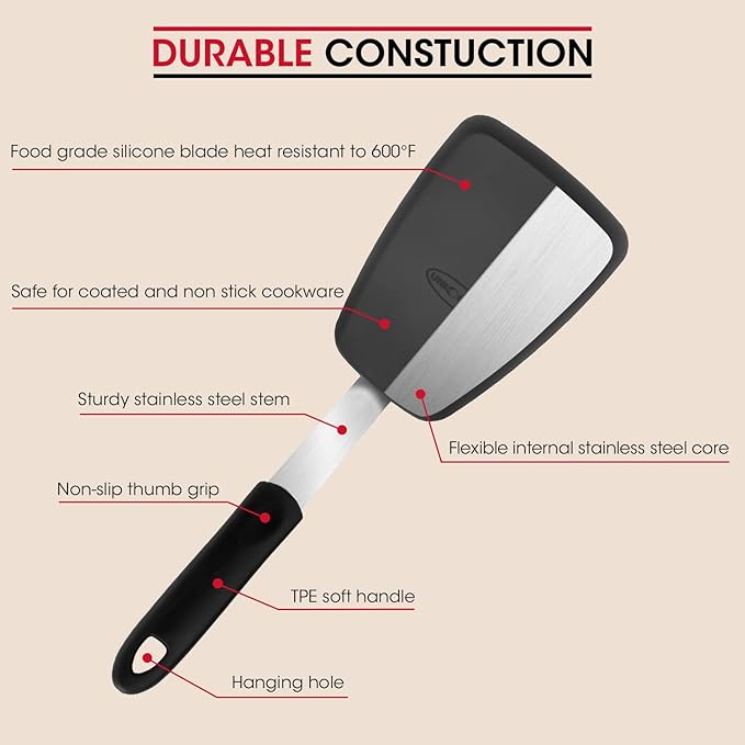 Unicook 4 Pack Flexible Silicone Spatula, Turner, 600F Heat Resistant, Ideal for Flipping Eggs, Burgers, Crepes and More, Black