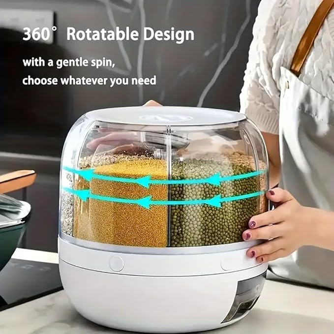 Rotating grain storage container,rice dispenser,6-compartment rice container, 360° rotating food dispenser One-Click Output rice Storage Round Grain Dispenser Kitchen for Grains, Beans, Rice.
