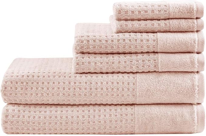 Madison Park Spa Waffle 100% Cotton Luxurious Towel Set, Premium Texture Waffle Weave, Highly Absorbent, Quick Dry, Hotel & Spa Quality Wash Clothes for Bathroom, Assorted Sizes, Pink 6 Piece