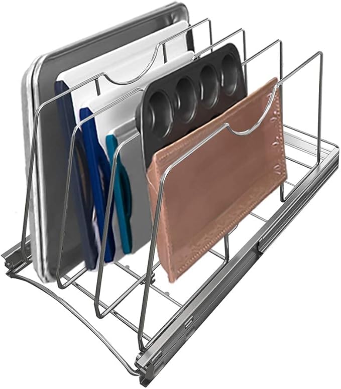 Pull Out Cookie Sheet Organizer for Cabinet, Pan and Pot Rack, Cutting Board Organizer Rack, Baking Tray Organizer for Cabinet, Adjustable Divider Width, 11" W x 22" D x 11.8" H, Chrome