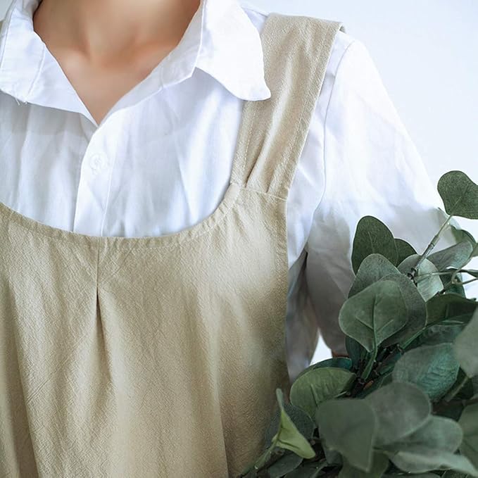 NEWGEM Japanese Cotton Linen Cross Back Cooking Apron for Women Men with Pockets Cute for Baking Kitchen
