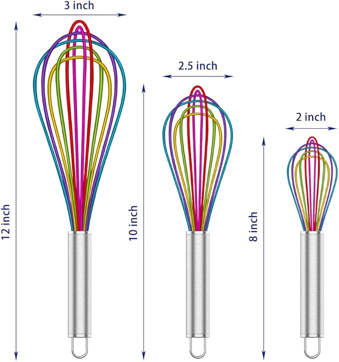 OYV Silicone Whisk,Professional Whisks For Cooking Non Scratch,Stainless Steel & Silicone Wisk,Plastic Rubber Whisk Tool For Nonstick Cookware,Silicon Wisks Set of 3,Rainbow,for Blending,Colorful.