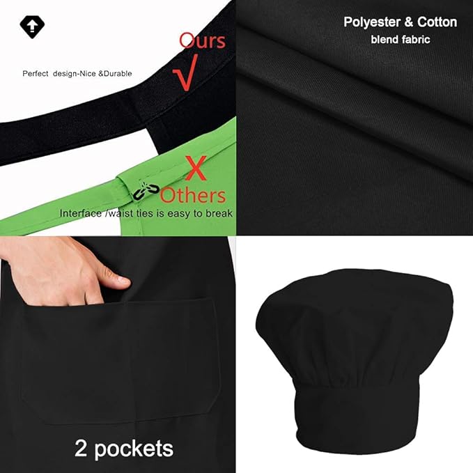 Black Chef Hat and Apron Set,Bib Apron in Big Size and Chef Hat, Bib Cooking Grilling BBQ Kitchen Chef Apron for Men Women Chef.(1set,Black)