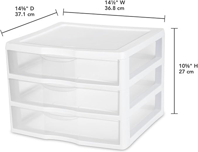 Sterilite 3-Pack Wide 3 Drawer Unit, Plastic Desktop Organizer with Clear Drawers, White Frame - Stackable Multi-Purpose Storage for Office Supplies, Craft Rooms, Classrooms and Home Organization