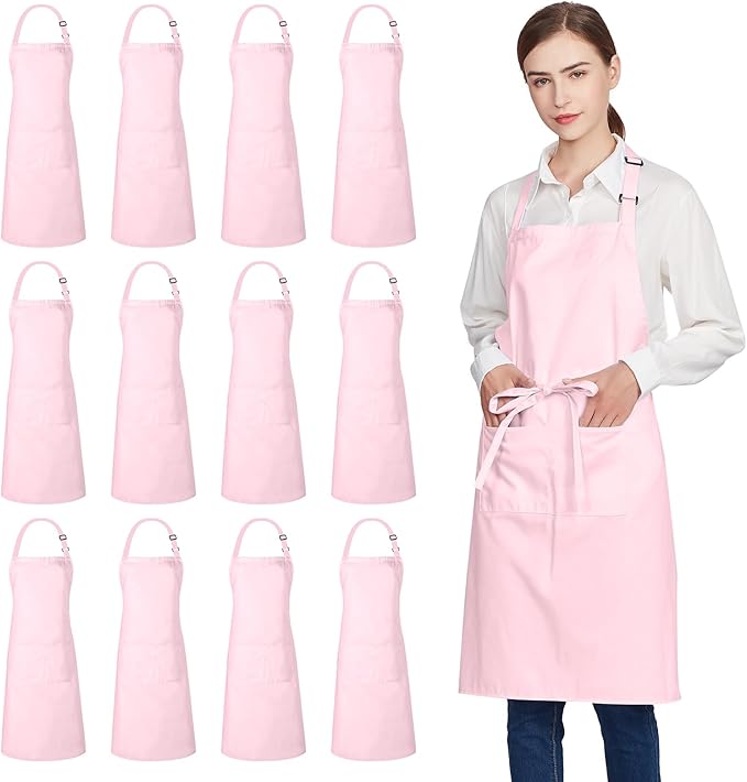 Jubatus 12 Pack 100% Cotton Aprons Bulk with 2 Pockets Cooking Chef Kitchen Adjustable Bib Apron for Women Men, Pink