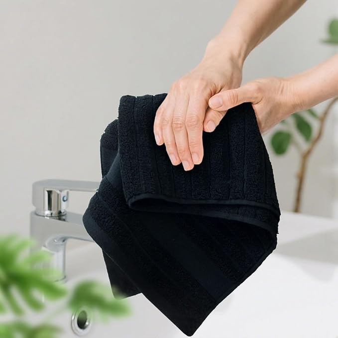 Jacquotha 2-Pack Bathroom Hand Towels (Black) Ribbed – Guest Room & Spa Premium Cotton Face Towels 13” x 29”, Soft and Quick Drying 480 GSM